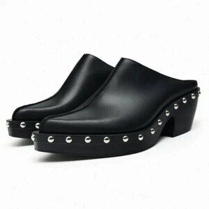 Zara Black Leather Stud Detail Pointy toe Western Slides 39